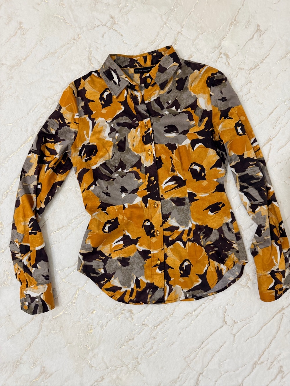New York & Company Mustard and Gray Floral Button-Down Shirt